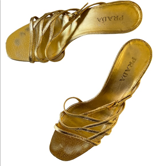 PRADA Metallic Gold Strappy Kitten Heel Sandals - Picture 4 of 7